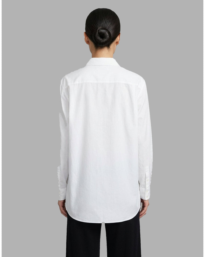 Black sheer silk-cotton Soline shirt with pleated tuxedo-style bib, pointed collar, concealed placket and long sleeves - back
