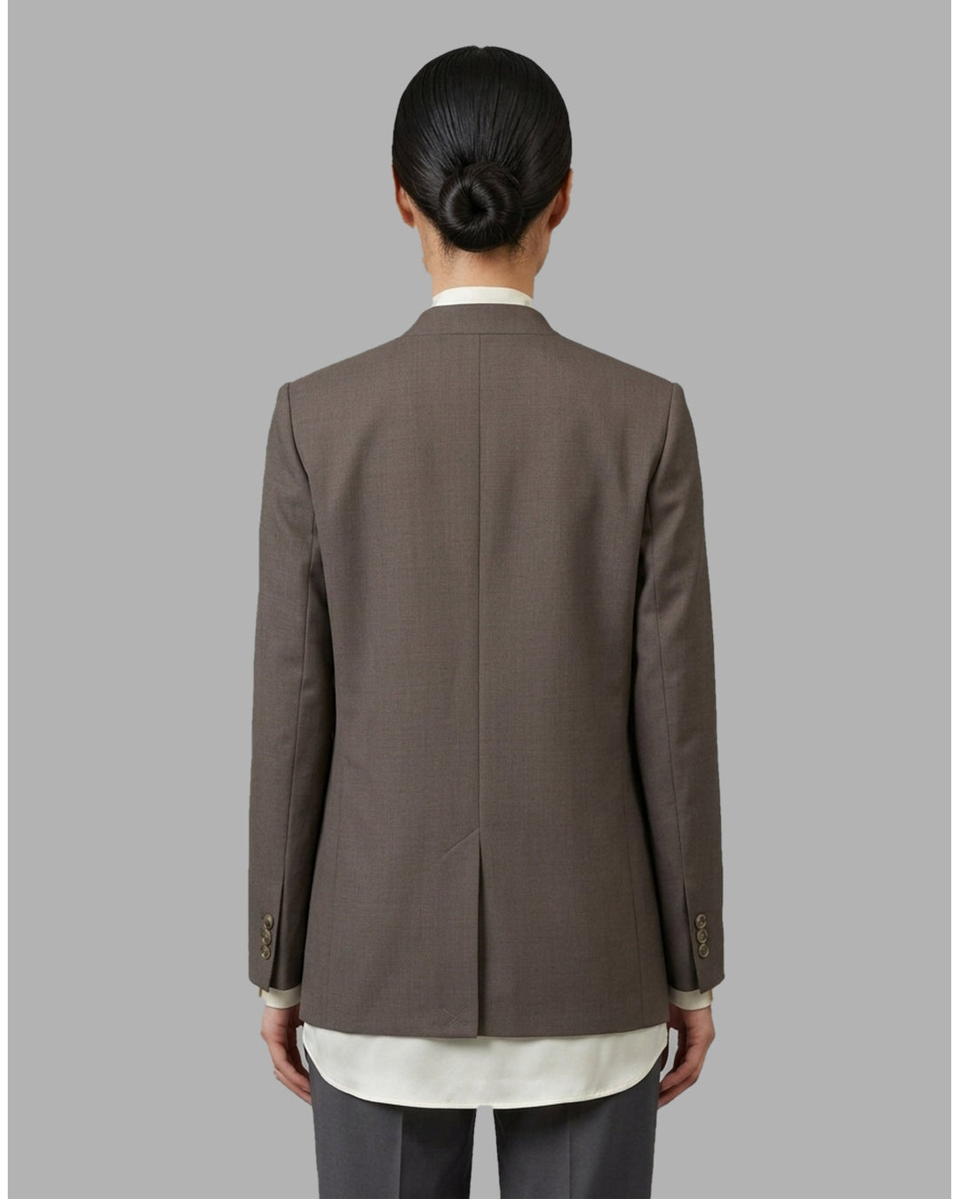 Club21 Collection Tess collarless wool blend blazer in taupe brown with single button closure and chest welt pocket - back