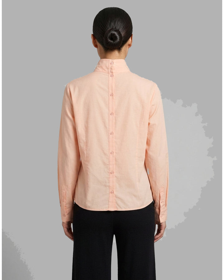 Black sheer silk cotton button-up shirt with stand collar and extended long sleeve cuffs, front view - back