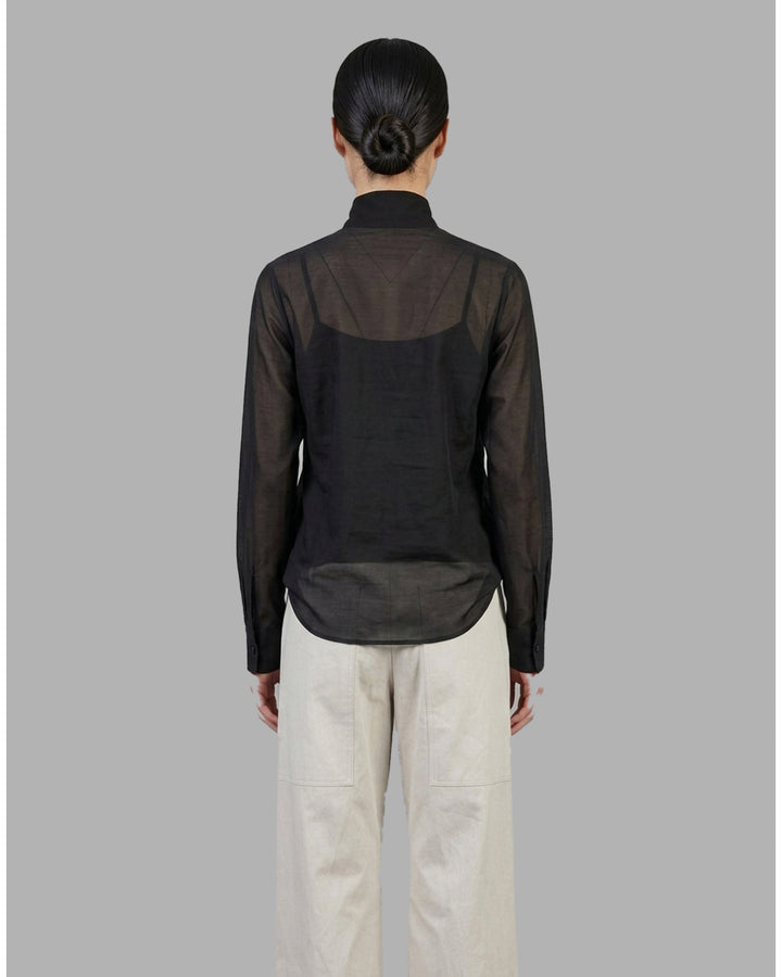 Black sheer silk cotton button-up shirt with stand collar and extended long sleeve cuffs, front view - back