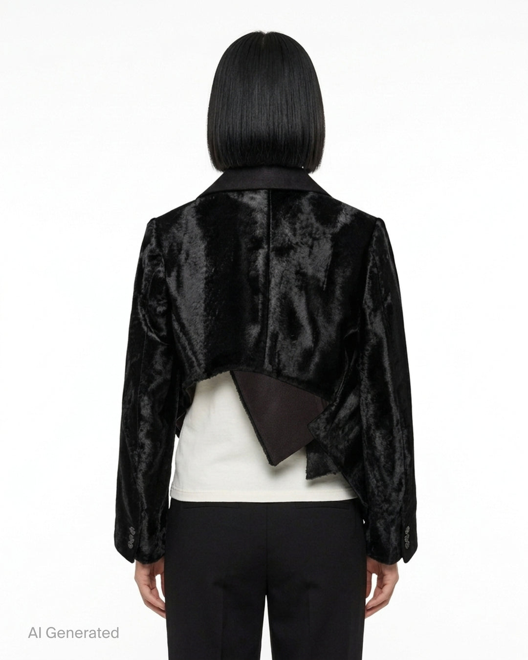 Comme des Garçons cropped asymmetric blazer in black faux fur with contrast collar and flap details - back