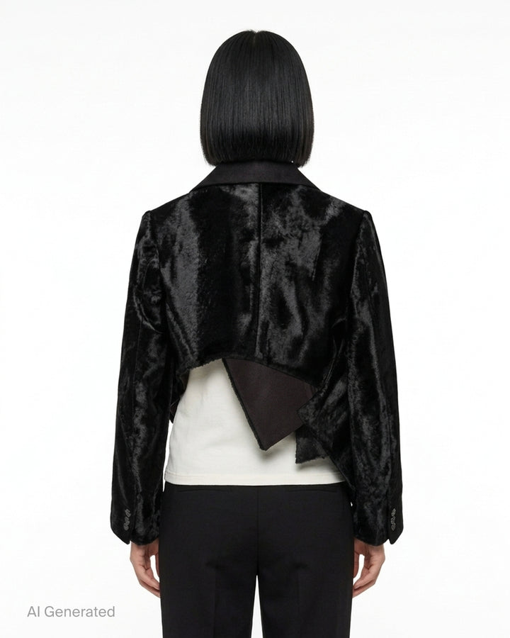 Comme des Garçons cropped asymmetric blazer in black faux fur with contrast collar and flap details - back