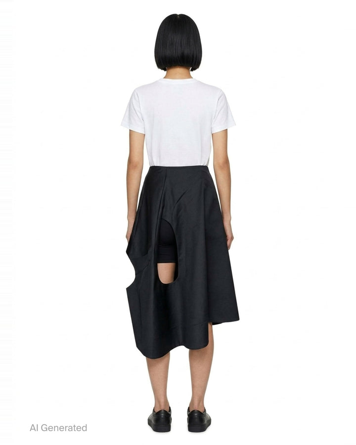 Comme des Garçons black asymmetric draped long skirt with cascading side panel and structured A-line silhouette - back