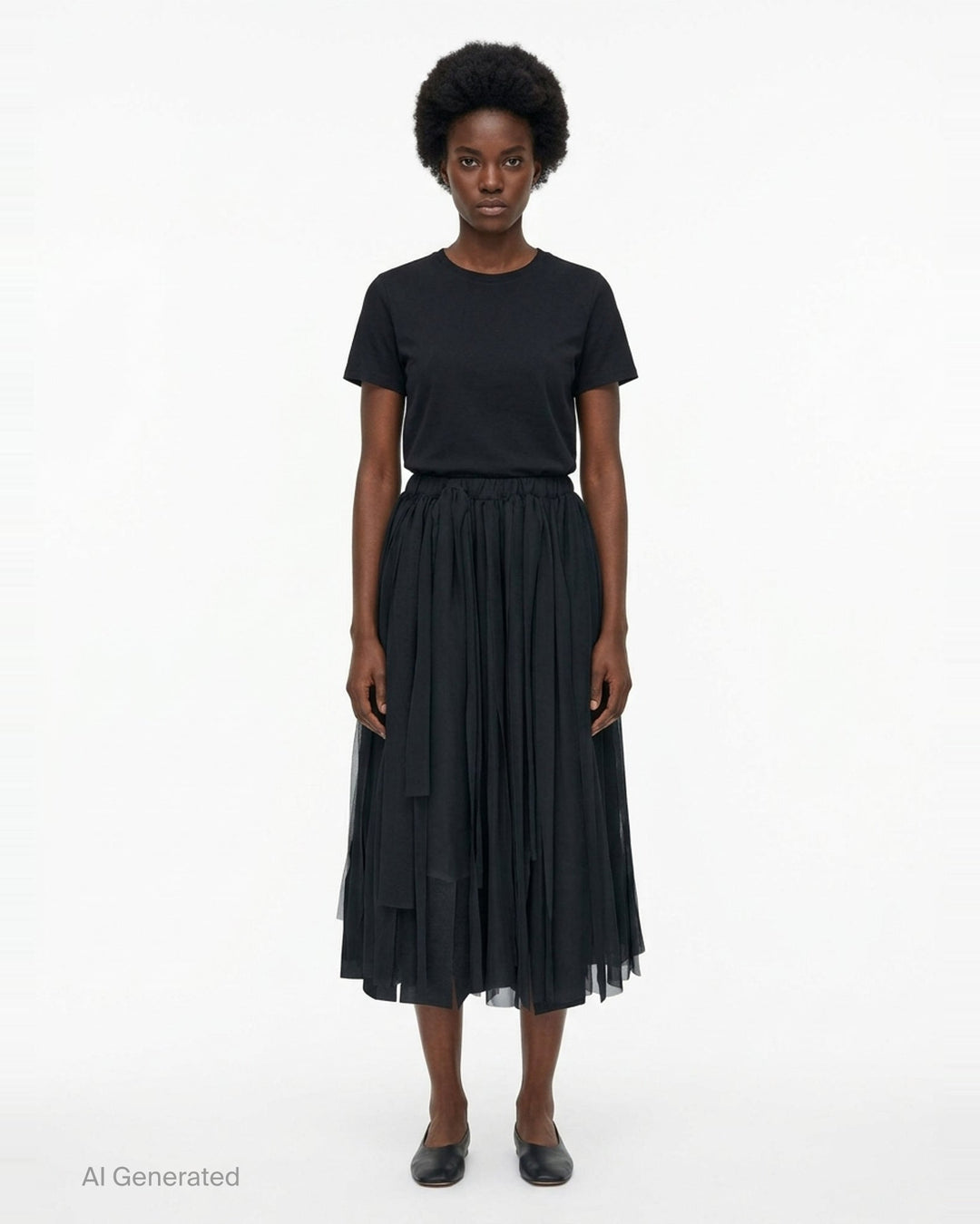 Comme des Garçons black asymmetric layered pleated midi skirt with elasticated waist and cascading ribbon-like sheer panels - front