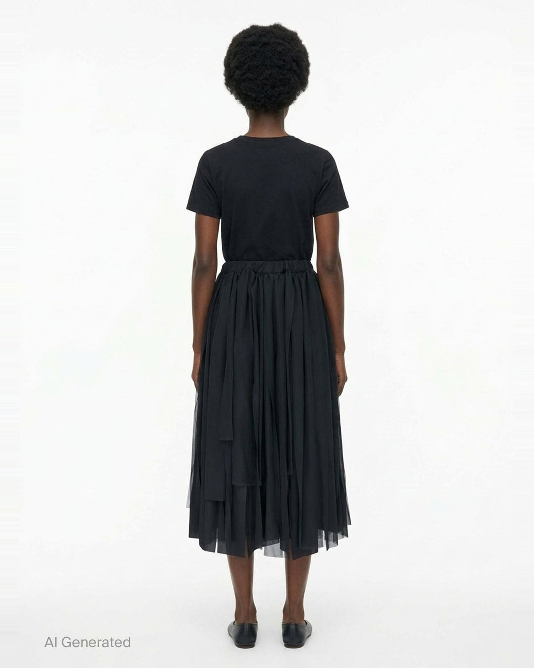 Comme des Garçons black asymmetric layered pleated midi skirt with elasticated waist and cascading ribbon-like sheer panels - back
