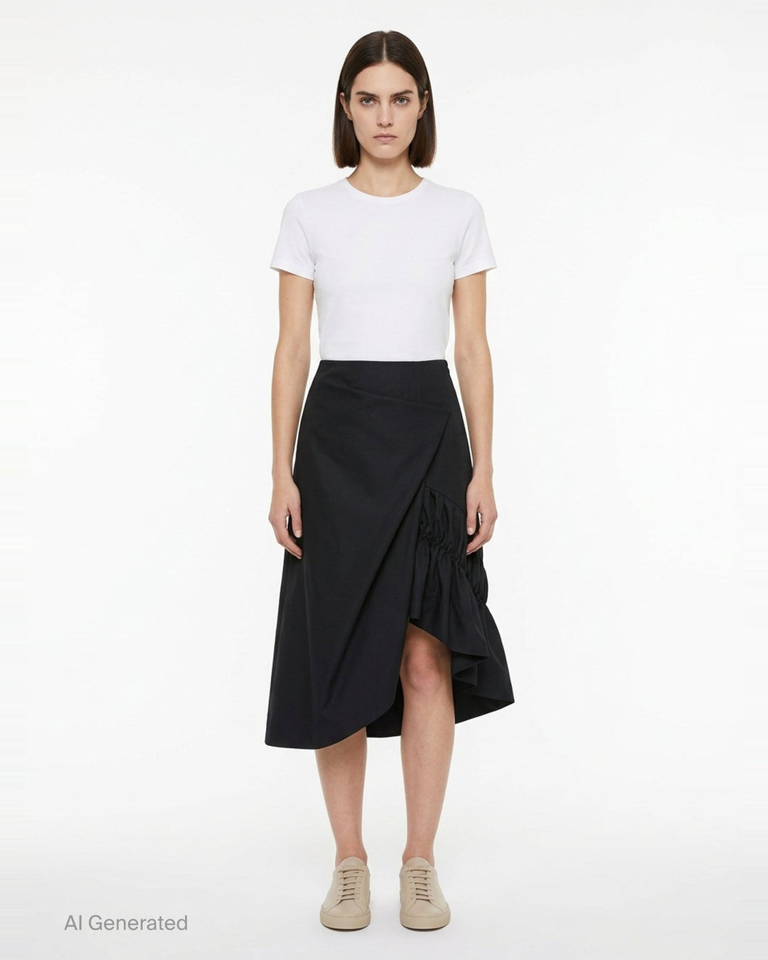 Comme des Garçons black asymmetrical midi skirt with ruched detailing and a flared hem, shown from the side against a white background - front