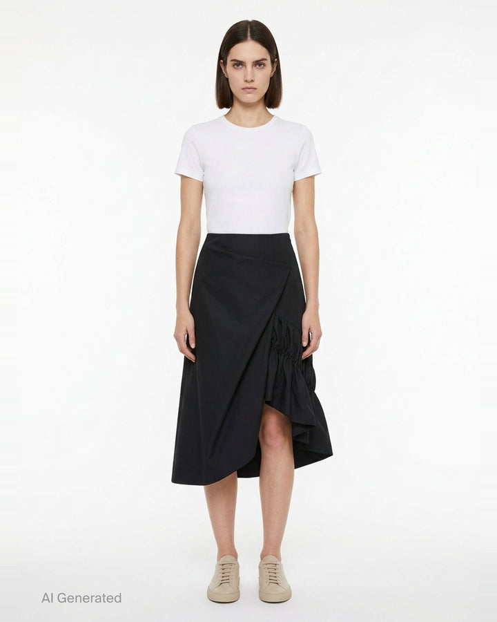Comme des Garçons black asymmetrical midi skirt with ruched detailing and a flared hem, shown from the side against a white background - front