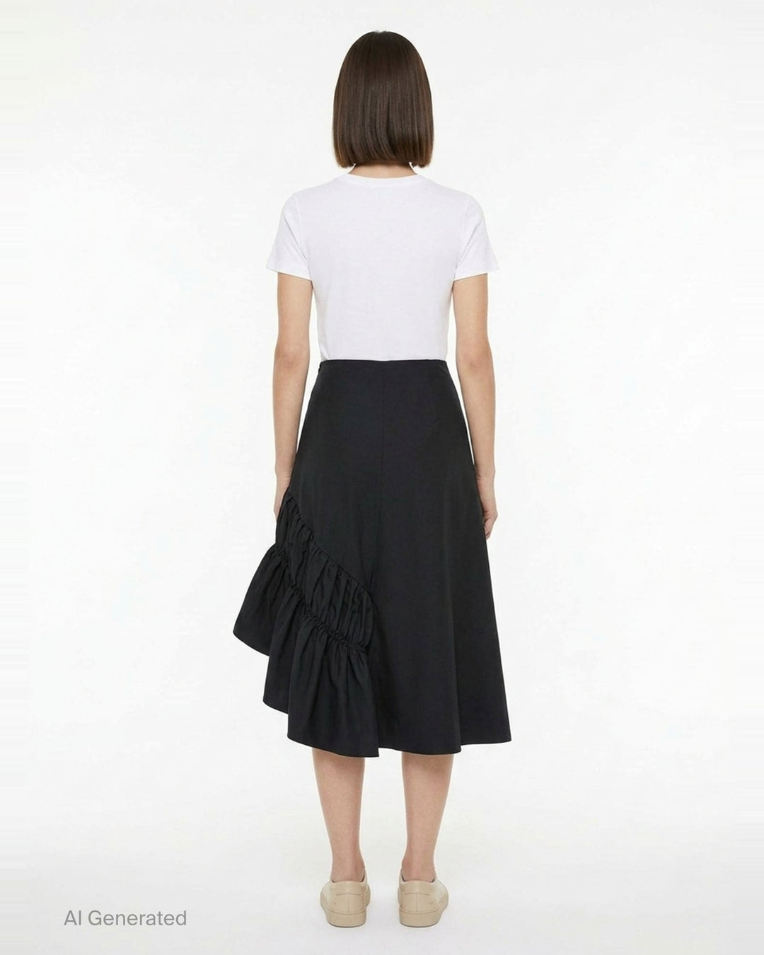 Comme des Garçons black asymmetrical midi skirt with ruched detailing and a flared hem, shown from the side against a white background - back