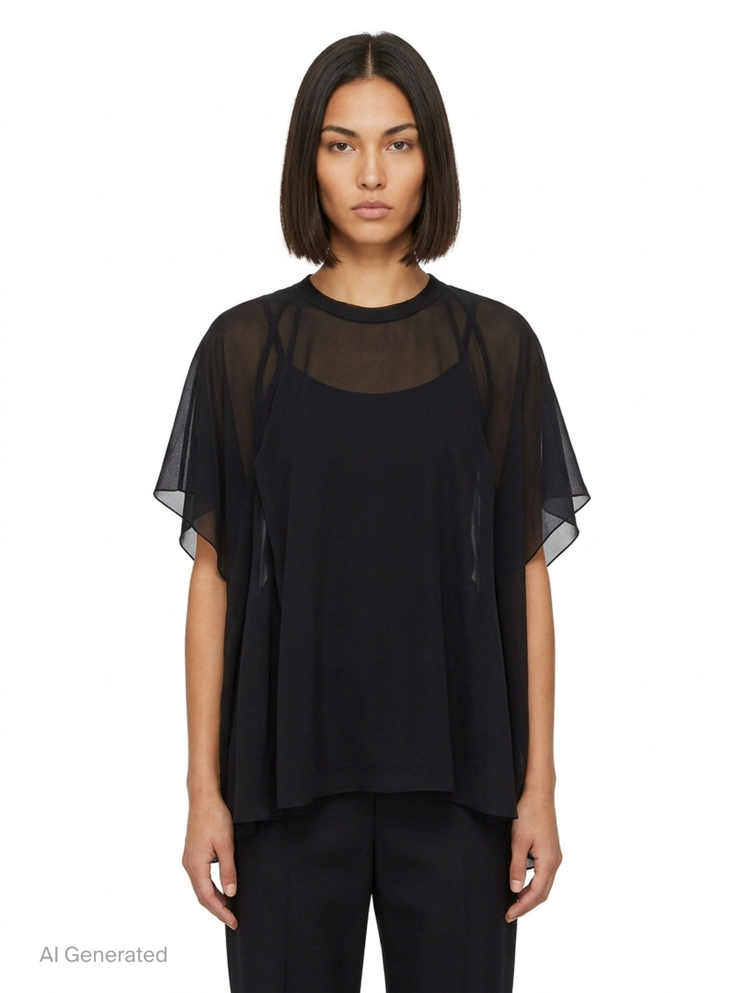 Comme des Garçons asymmetrical panelled oversize tee in black, featuring sheer chiffon flutter cape panels over an opaque jersey body, shown flat on white background - front