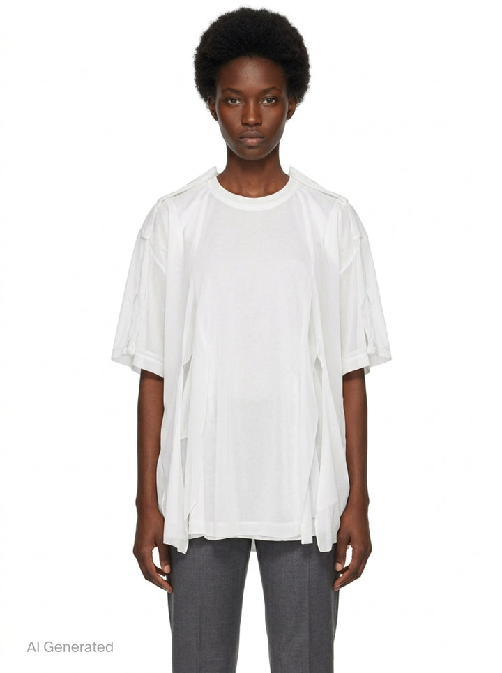 Comme des Garçons white asymmetrical panelled tee with draped fabric panels cascading from the shoulders and sides, crew neckline, short sleeves - front