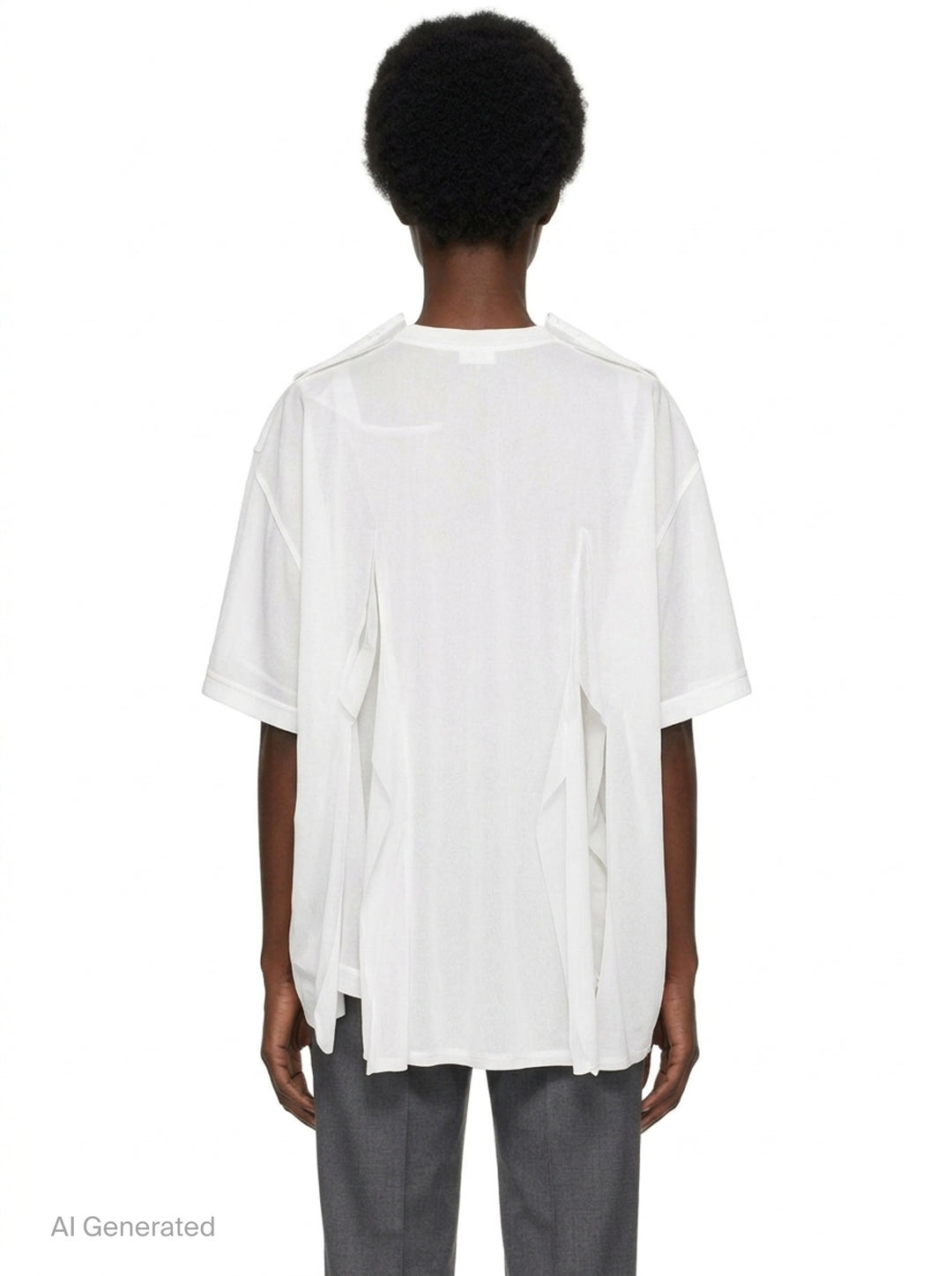 Comme des Garçons white asymmetrical panelled tee with draped fabric panels cascading from the shoulders and sides, crew neckline, short sleeves - back