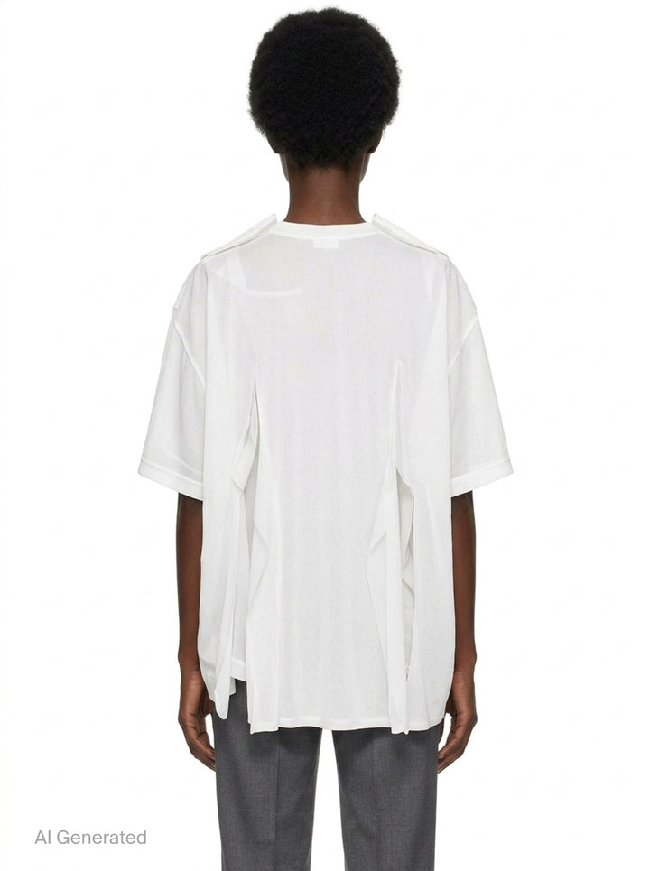 Comme des Garçons white asymmetrical panelled tee with draped fabric panels cascading from the shoulders and sides, crew neckline, short sleeves - back