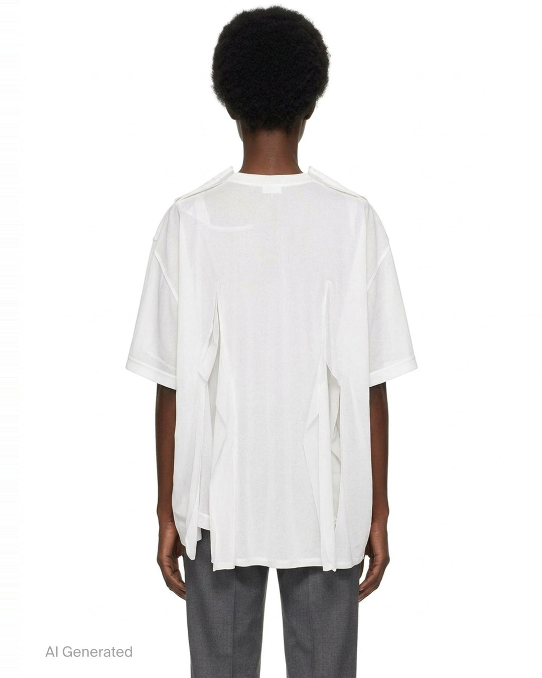 Comme des Garçons white asymmetrical panelled tee with draped fabric panels cascading from the shoulders and sides, crew neckline, short sleeves - back