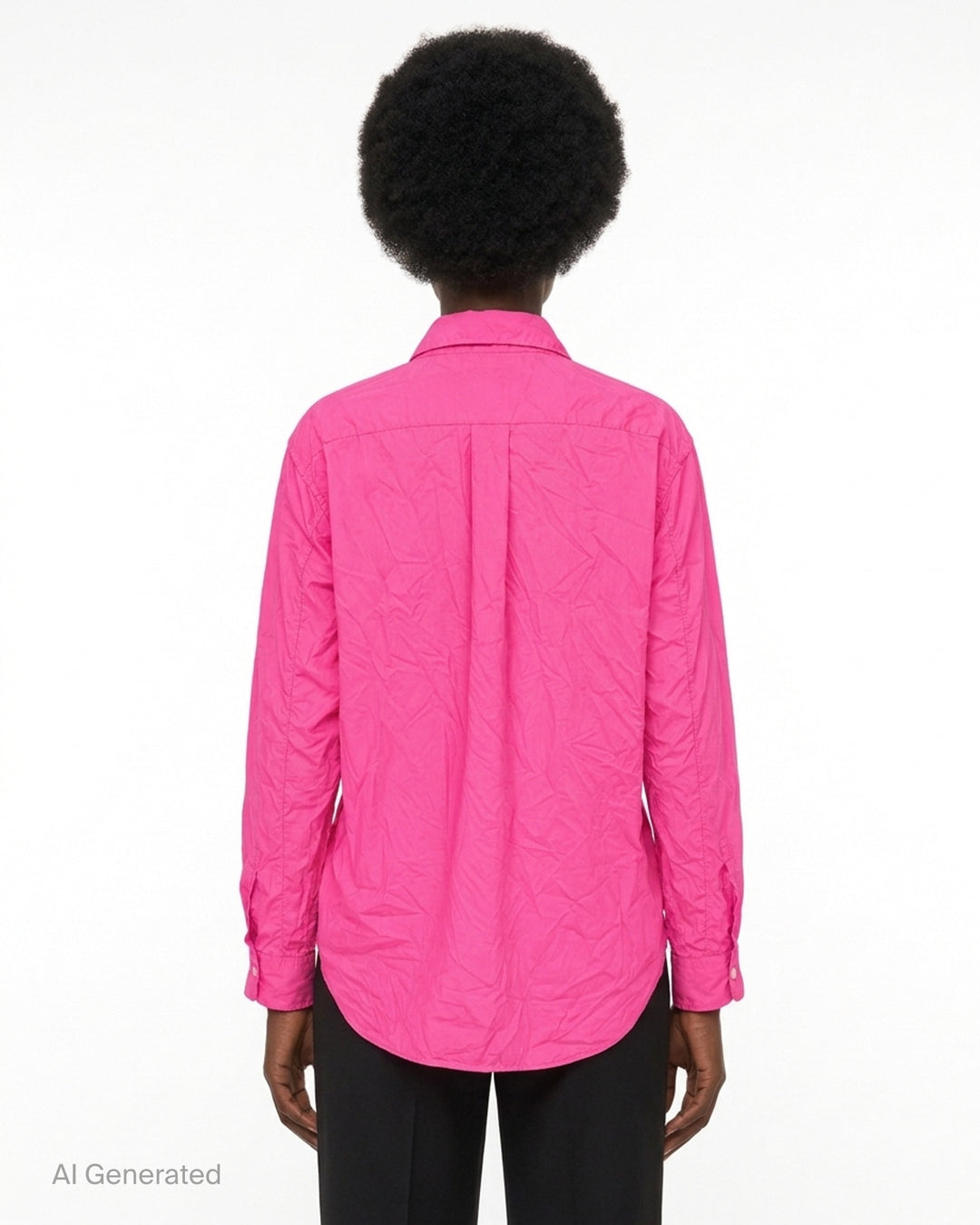 Comme des Garçons Black long sleeve pink crinkled shirt with curved seams, draped hem and side zip pockets - back