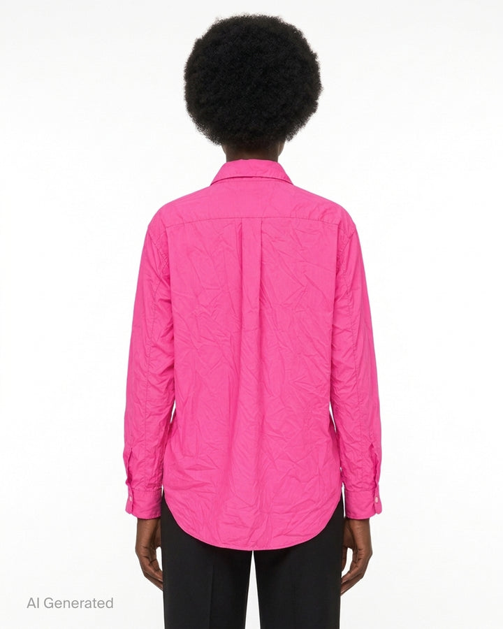 Comme des Garçons Black long sleeve pink crinkled shirt with curved seams, draped hem and side zip pockets - back