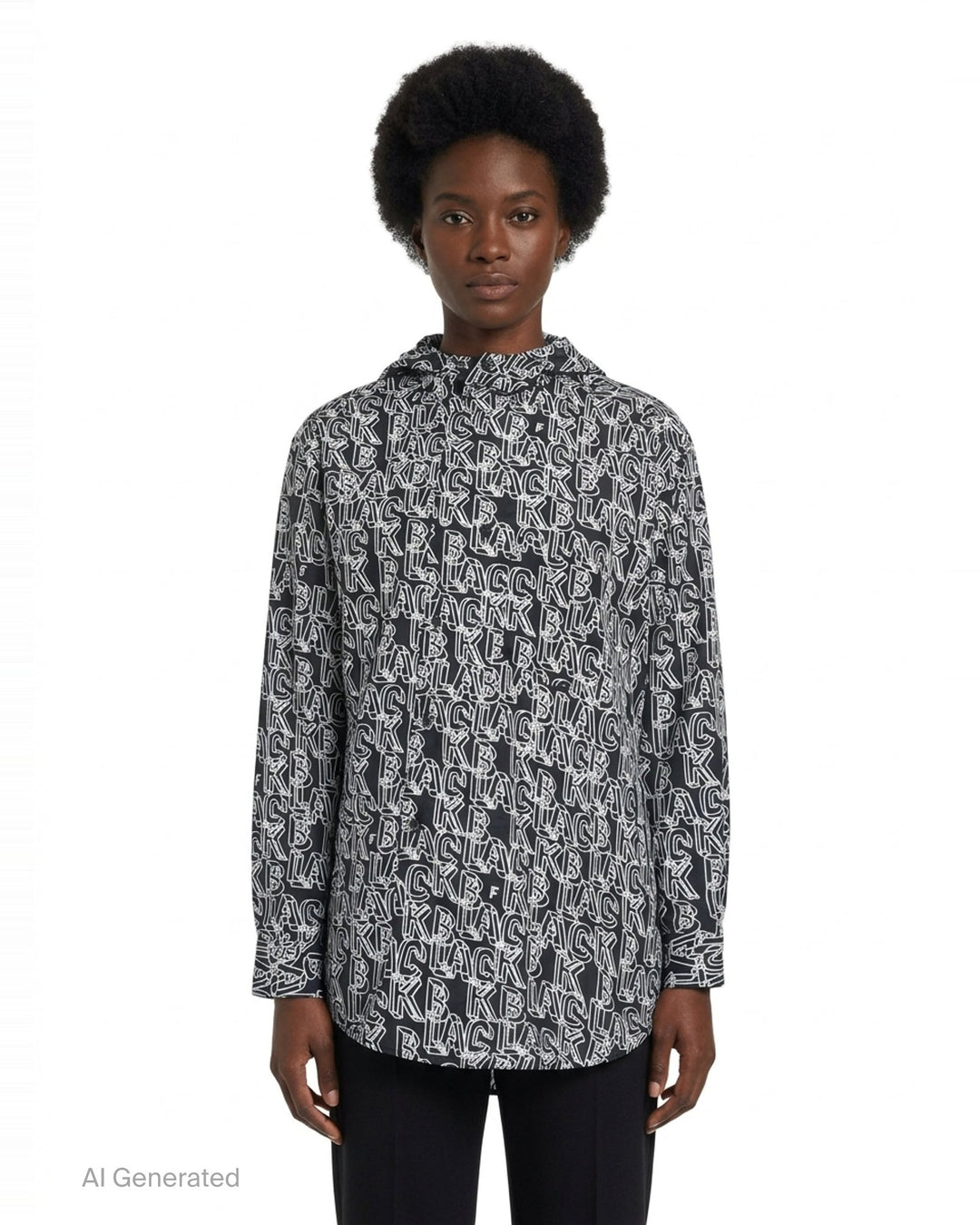 Comme des Garçons Black long sleeve hooded shirt with Filip Pagowski all-over 'BLACK' text print in white outline lettering on a dark ground, back view - front