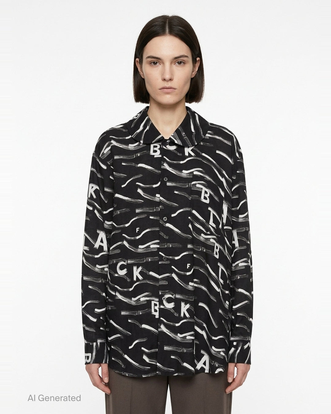 Comme des Garçons BLACK Filip Pagowski long sleeve oversized shirt in black polyester lawn with all-over white brushstroke and fragmented letter print - front