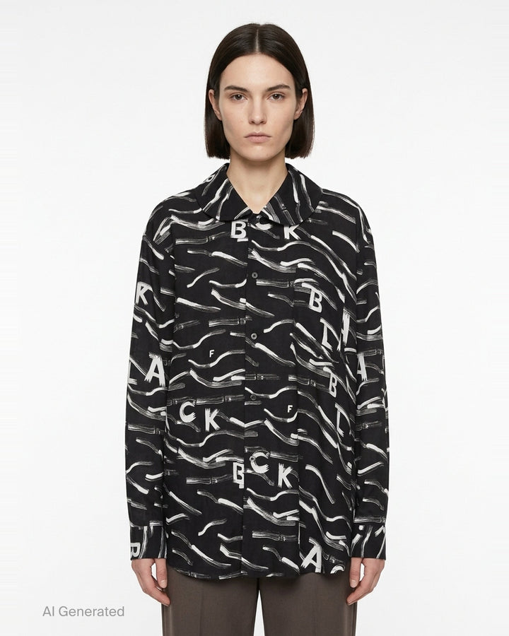 Comme des Garçons BLACK Filip Pagowski long sleeve oversized shirt in black polyester lawn with all-over white brushstroke and fragmented letter print - front