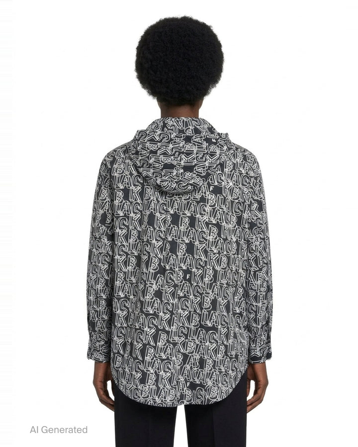 Comme des Garçons Black long sleeve hooded shirt with Filip Pagowski all-over 'BLACK' text print in white outline lettering on a dark ground, back view - back