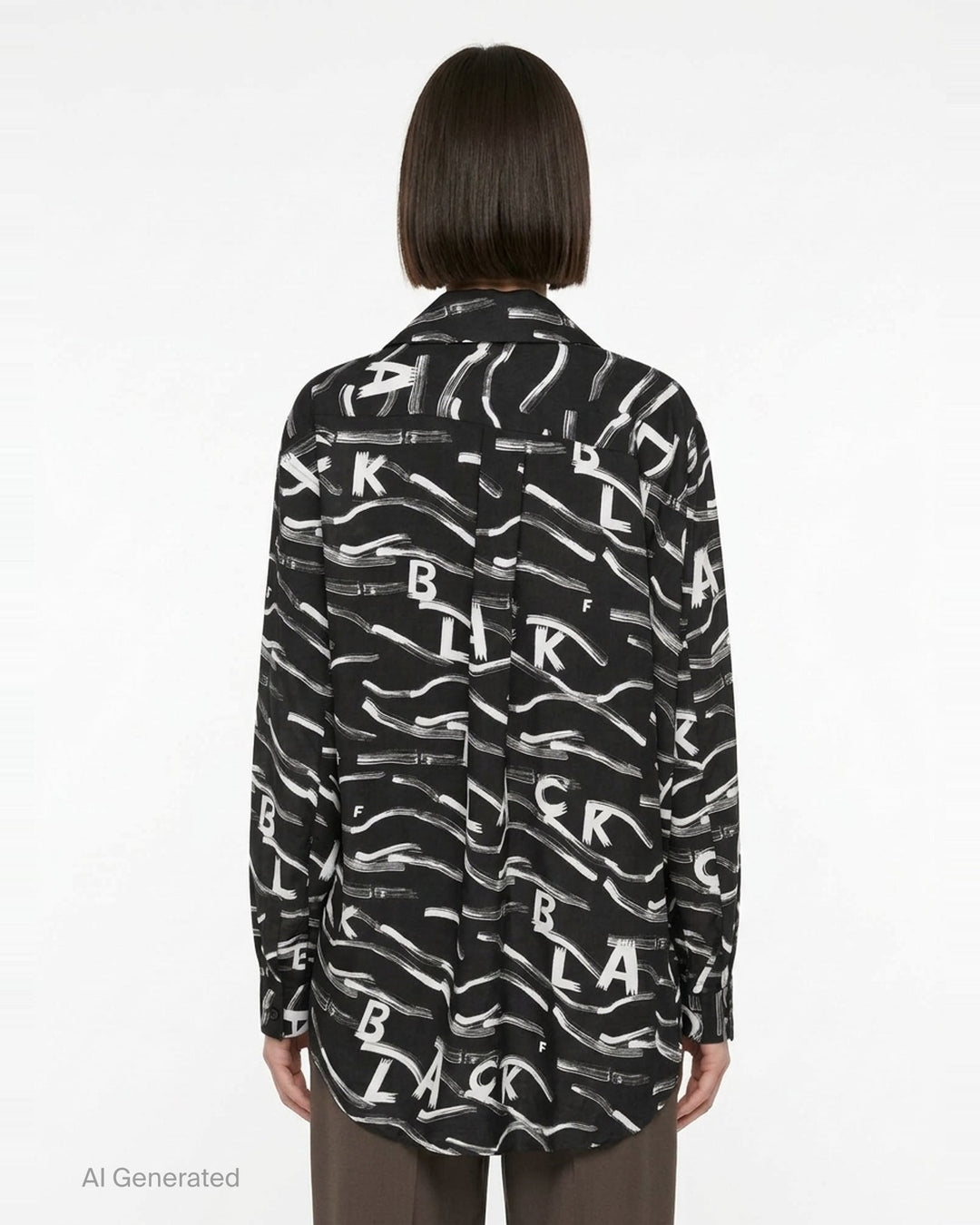 Comme des Garçons BLACK Filip Pagowski long sleeve oversized shirt in black polyester lawn with all-over white brushstroke and fragmented letter print - back