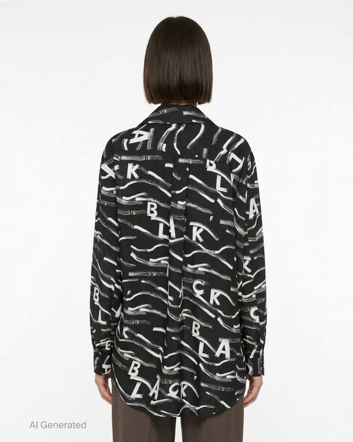 Comme des Garçons BLACK Filip Pagowski long sleeve oversized shirt in black polyester lawn with all-over white brushstroke and fragmented letter print - back