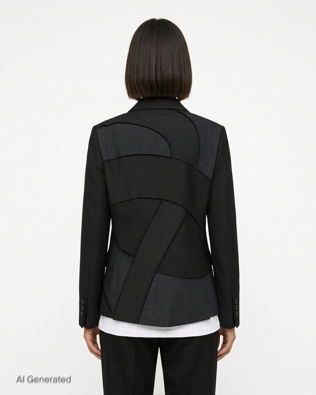 Black herringbone tailored jacket with three-button front, notched lapels, flap pockets and curved contrast panelling by Comme des Garçons Black - back