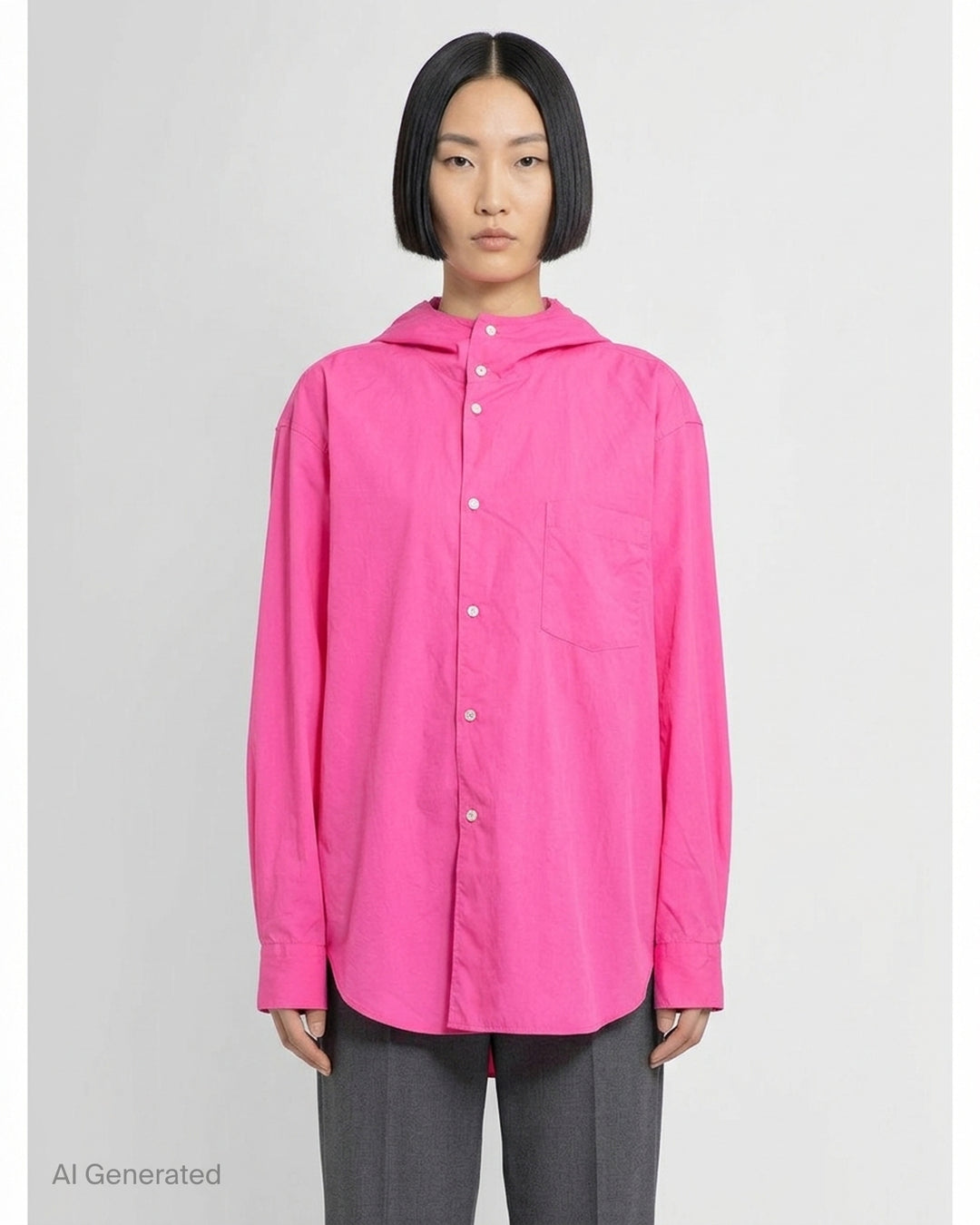 Comme des Garçons Black oversized hooded poplin shirt in bright fuchsia pink with asymmetric button placket and chest patch pocket - front