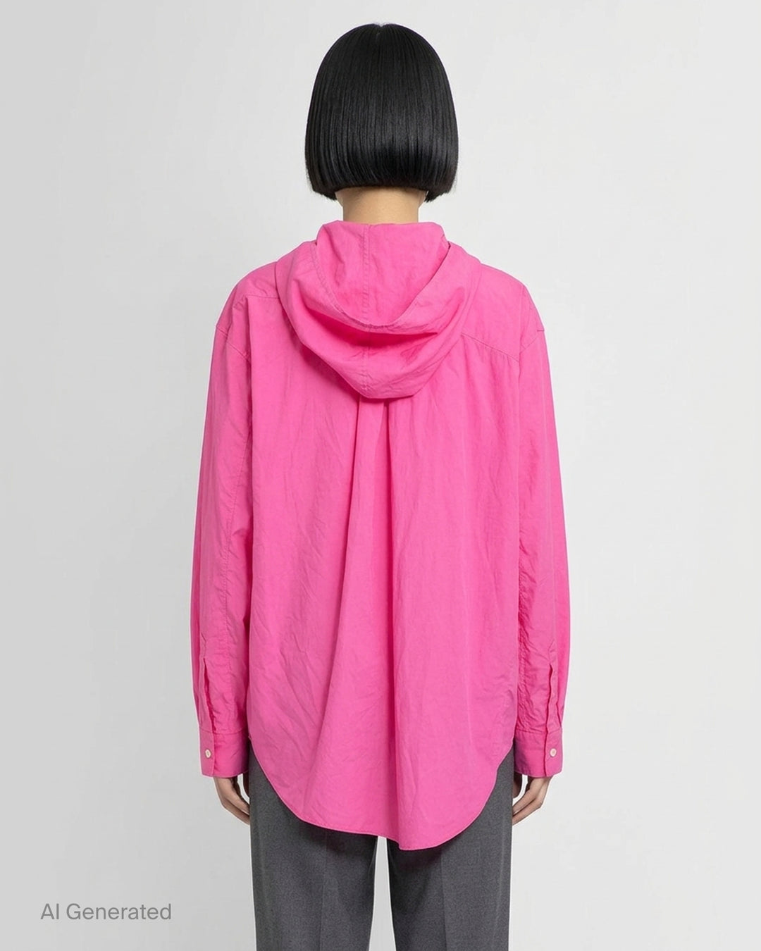 Comme des Garçons Black oversized hooded poplin shirt in bright fuchsia pink with asymmetric button placket and chest patch pocket - back