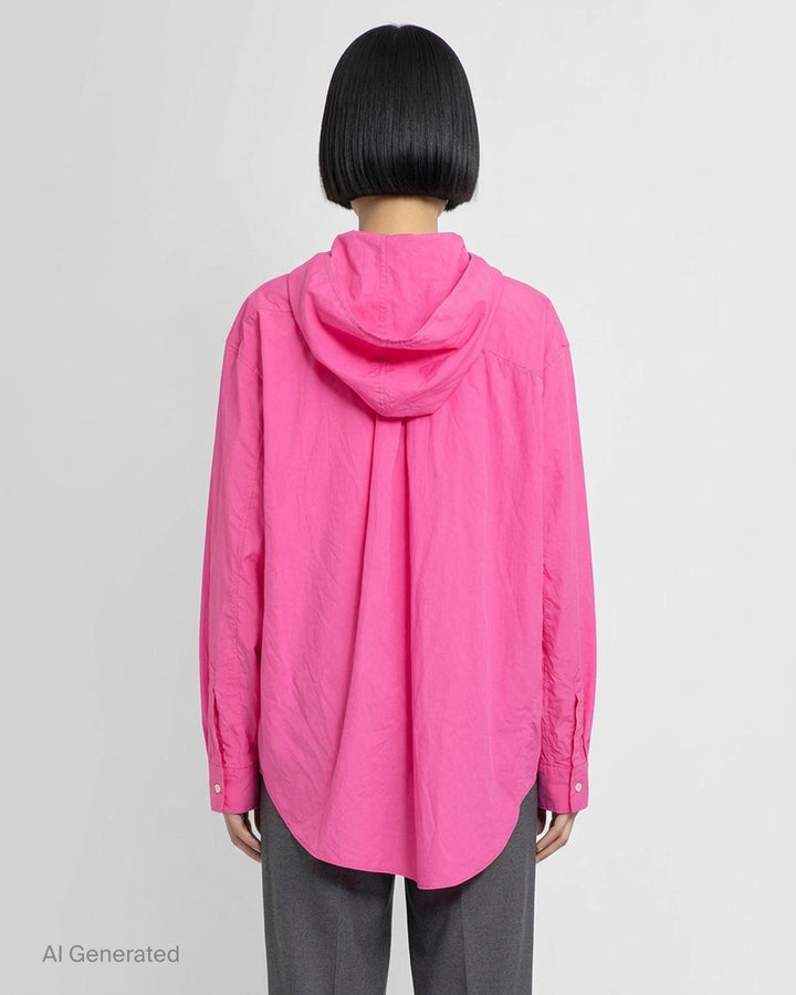 Comme des Garçons Black oversized hooded poplin shirt in bright fuchsia pink with asymmetric button placket and chest patch pocket - back