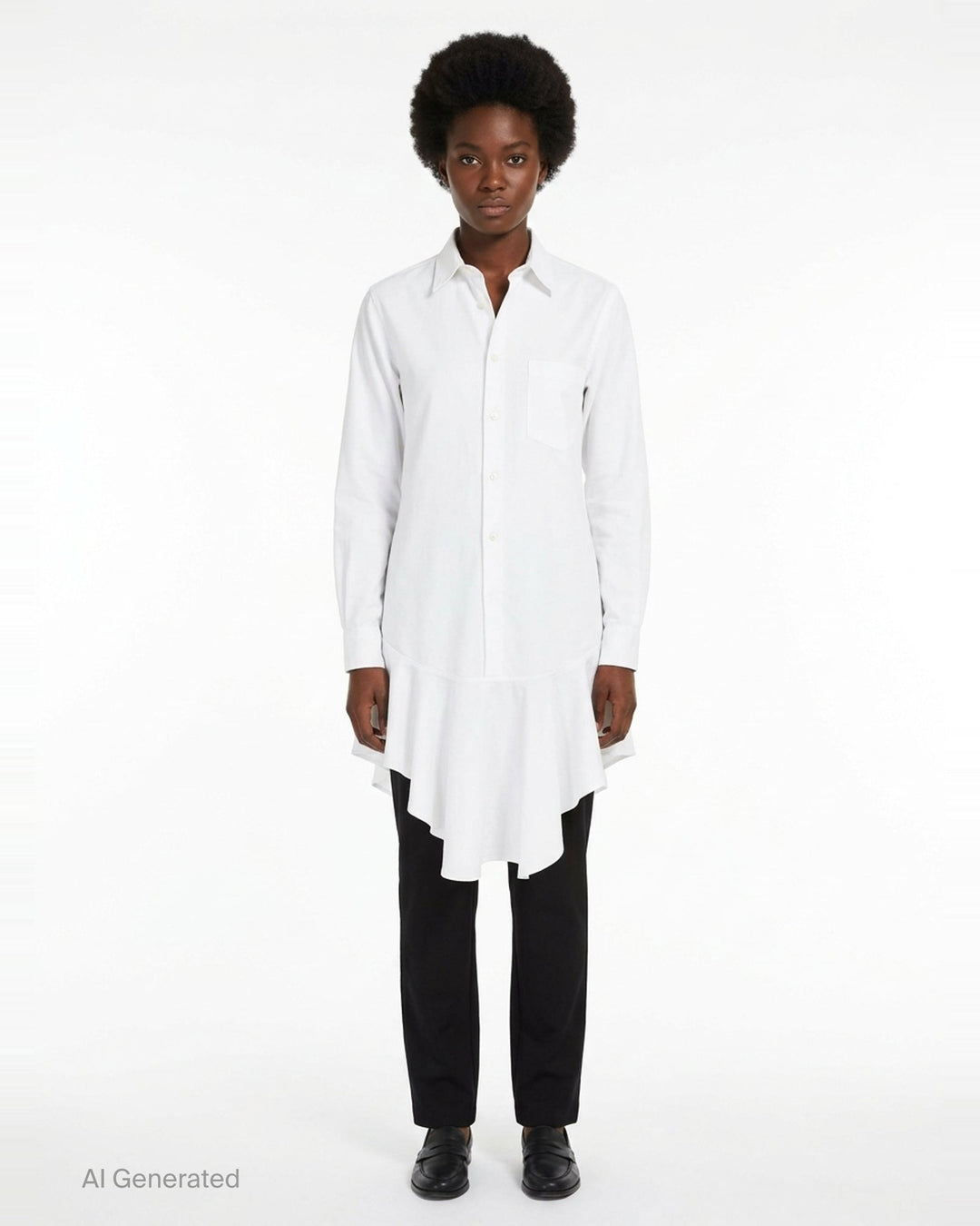 Comme des Garçons Black long sleeve navy polyester broadcloth shirt with dramatic gathered frill flounce at the hem and button-front fastening - front
