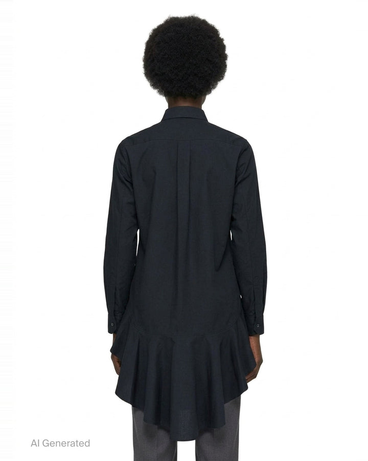 Comme des Garçons Black long sleeve navy polyester broadcloth shirt with dramatic gathered frill flounce at the hem and button-front fastening - back