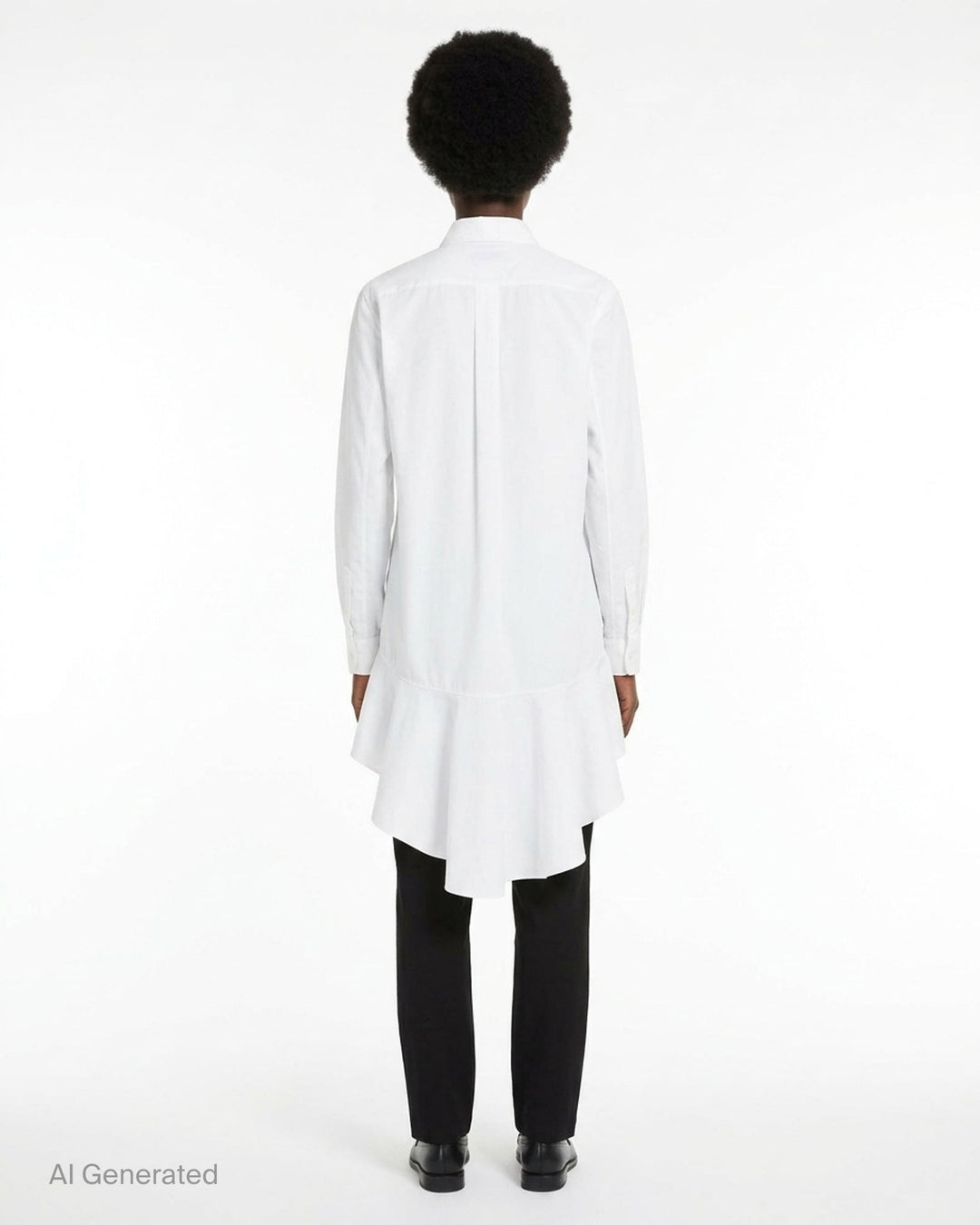 Comme des Garçons Black long sleeve navy polyester broadcloth shirt with dramatic gathered frill flounce at the hem and button-front fastening - back