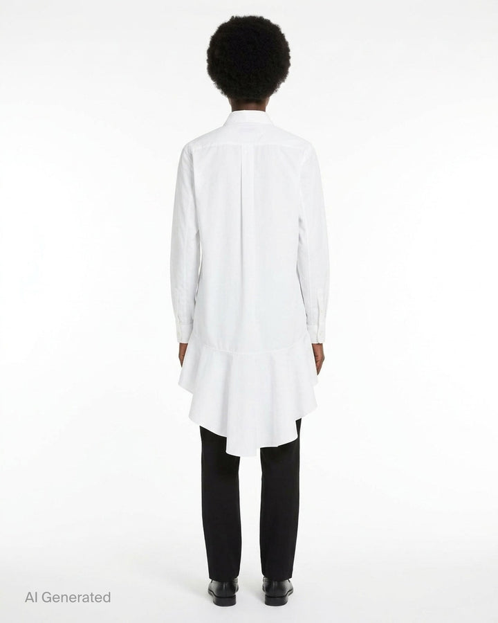 Comme des Garçons Black long sleeve navy polyester broadcloth shirt with dramatic gathered frill flounce at the hem and button-front fastening - back