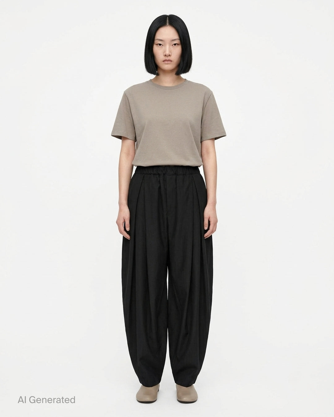 Comme des Garçons Black pleated balloon trousers in a herringbone wool blend with an elasticated waist, shown from the front - front