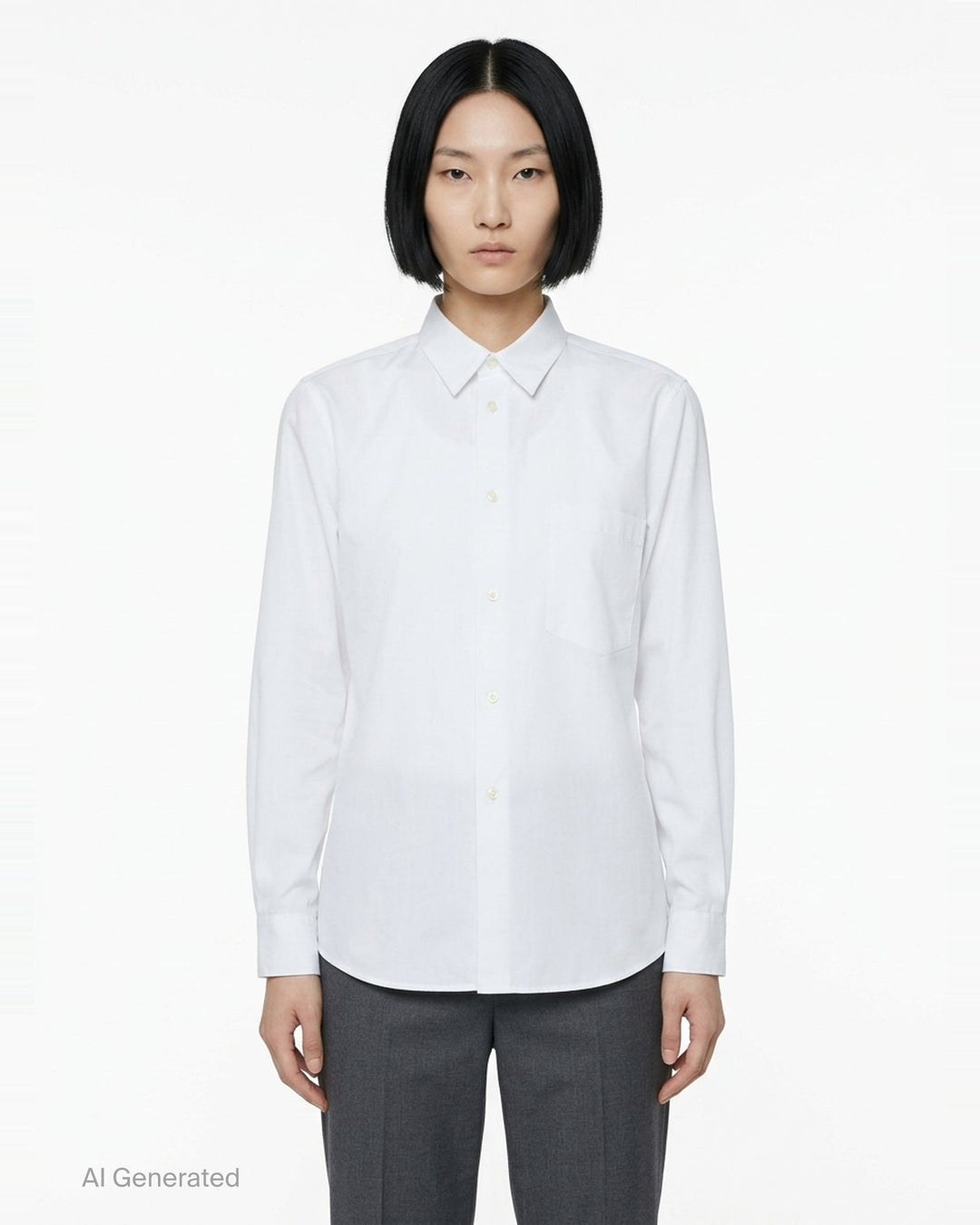 Comme des Garçons Black long sleeve polyester broad shirt in navy, featuring a point collar, tonal buttons, and a chest patch pocket - front