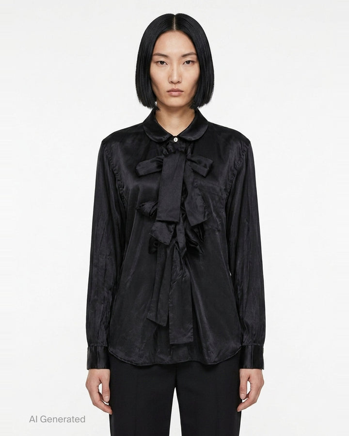 Satin Ruffle Bow Long Sleeve Shirt | BLACK Comme des Garçons | Club21 - front