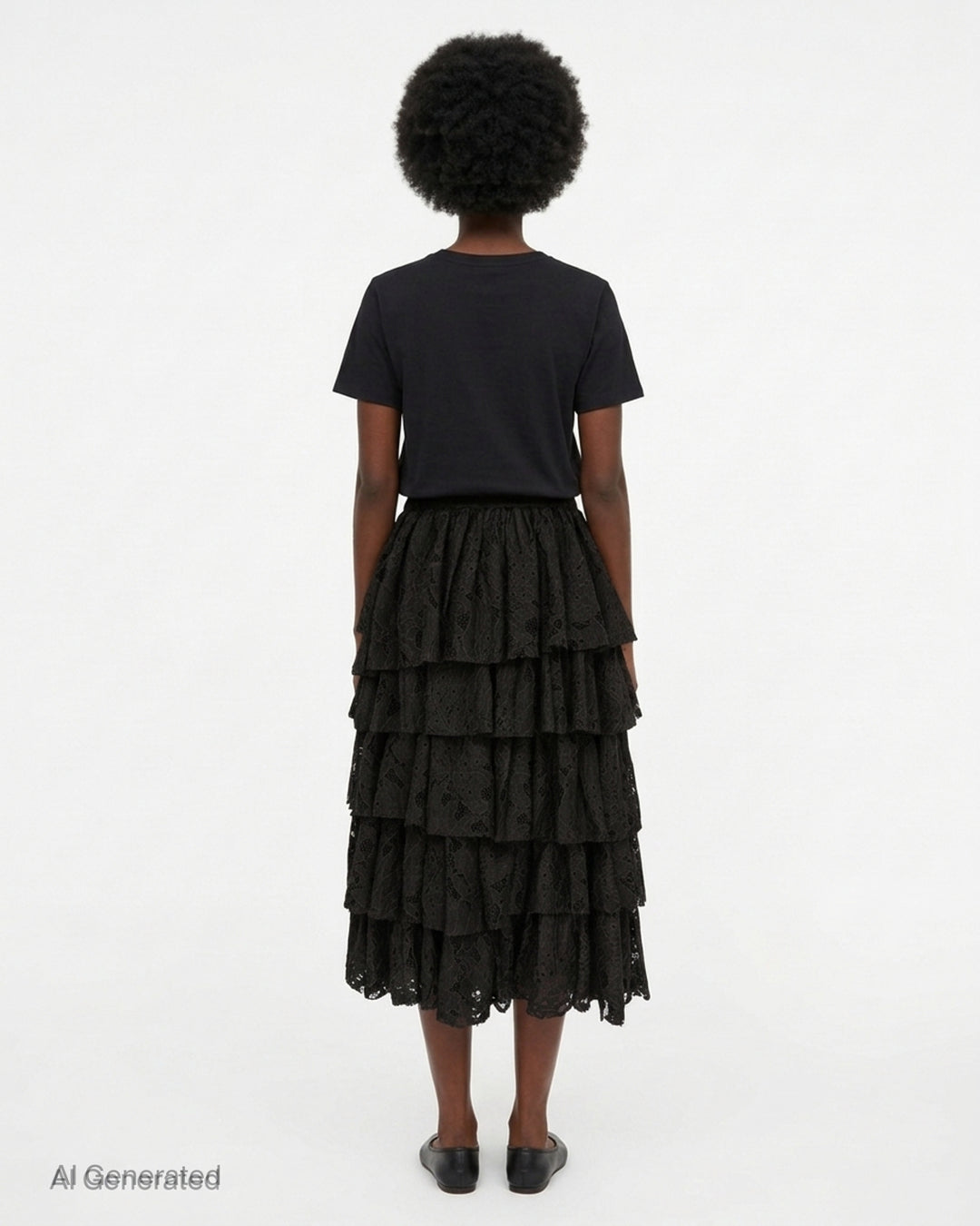 Black tiered floral lace midi skirt with an elasticated waist and scalloped hem by Comme des Garçons Black - back
