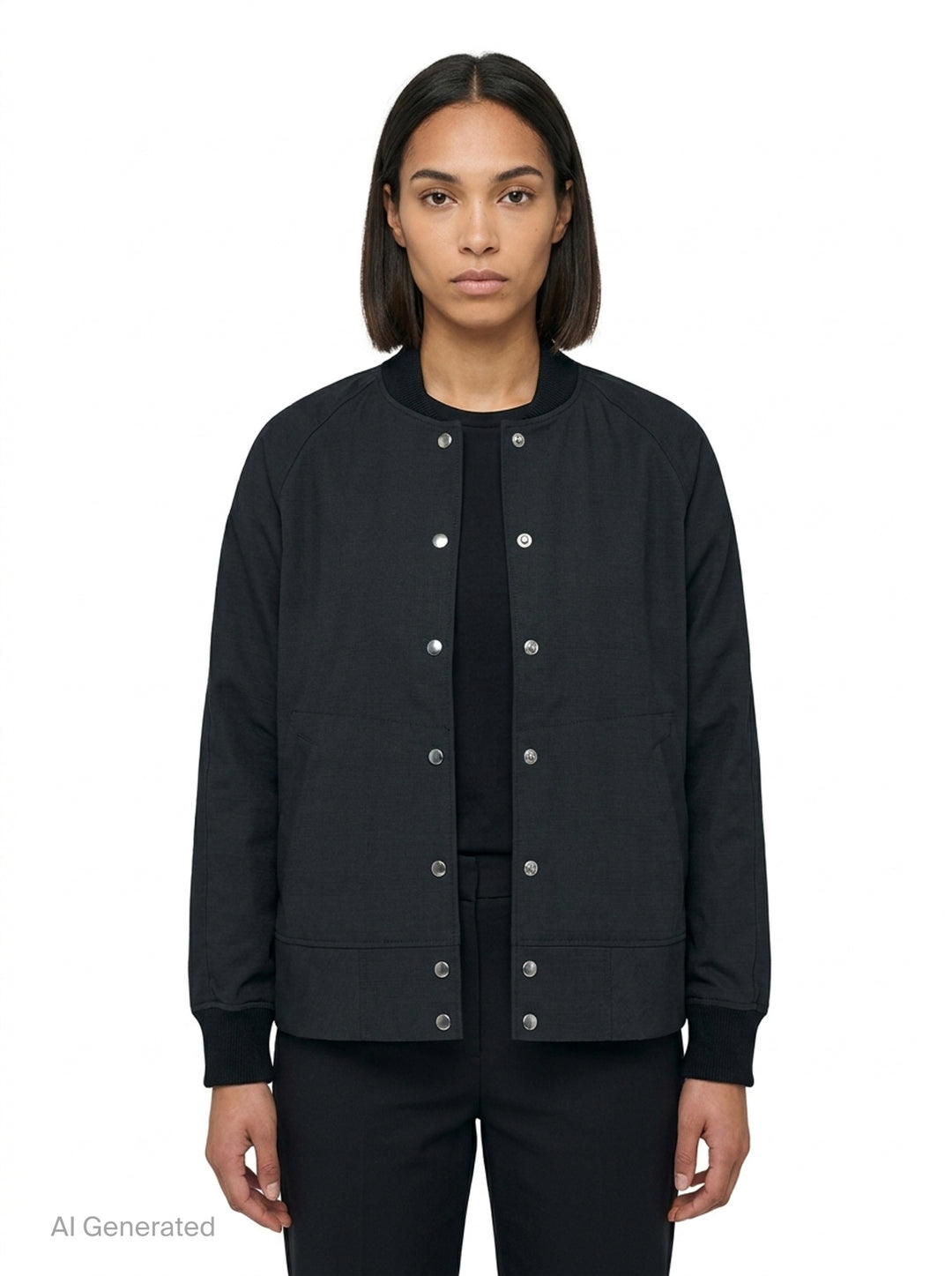 Comme des Garçons BLACK wool-blend bomber jacket in black with silver snap-button closure, ribbed collar, cuffs and hem, and two hip welt pockets - front