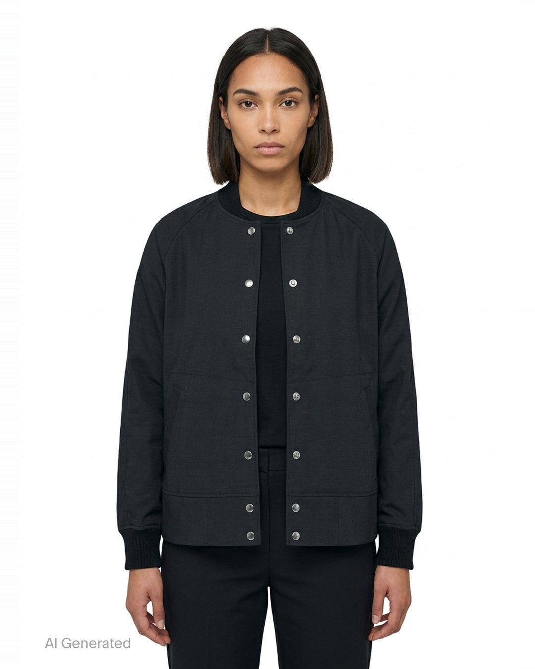 Comme des Garçons BLACK wool-blend bomber jacket in black with silver snap-button closure, ribbed collar, cuffs and hem, and two hip welt pockets - front