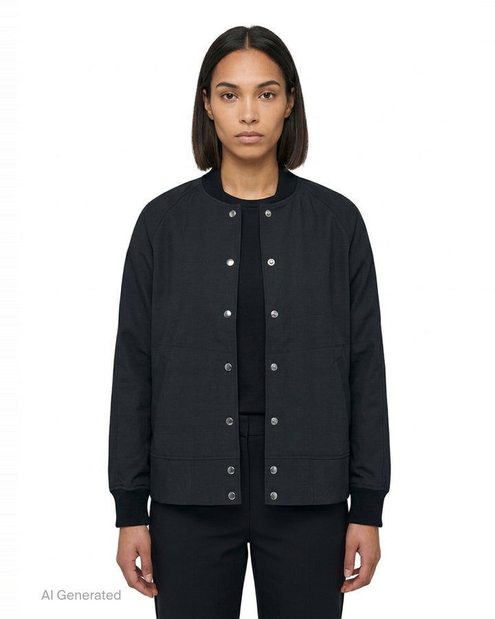 Comme des Garçons BLACK wool-blend bomber jacket in black with silver snap-button closure, ribbed collar, cuffs and hem, and two hip welt pockets - front