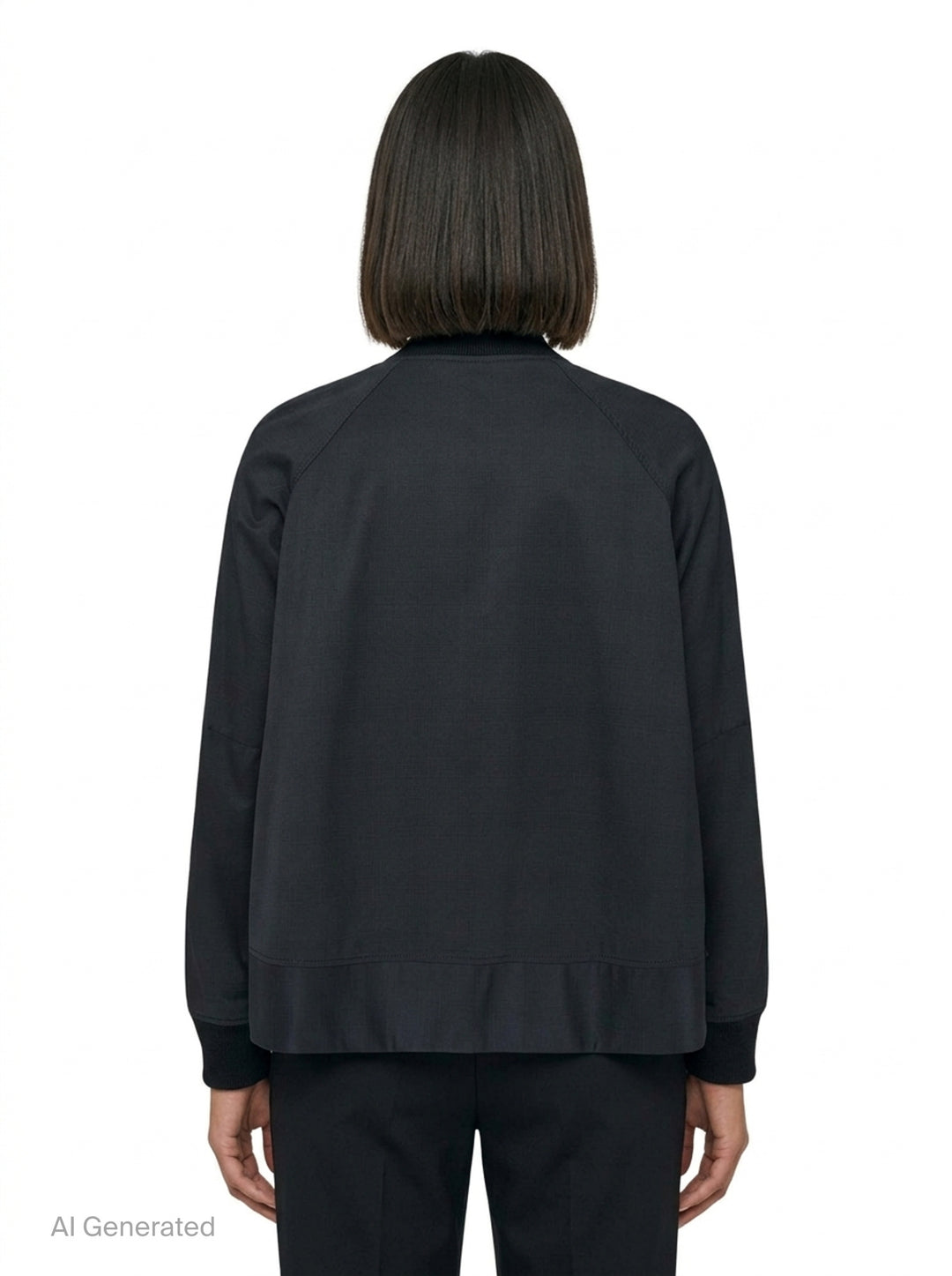 Comme des Garçons BLACK wool-blend bomber jacket in black with silver snap-button closure, ribbed collar, cuffs and hem, and two hip welt pockets - back