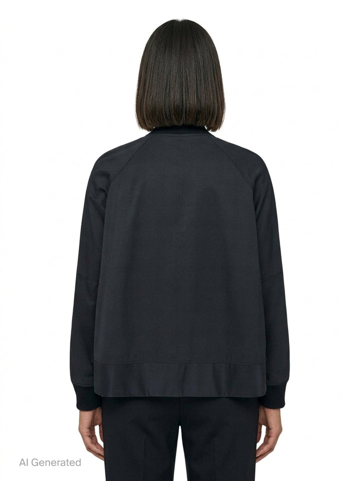 Comme des Garçons BLACK wool-blend bomber jacket in black with silver snap-button closure, ribbed collar, cuffs and hem, and two hip welt pockets - back