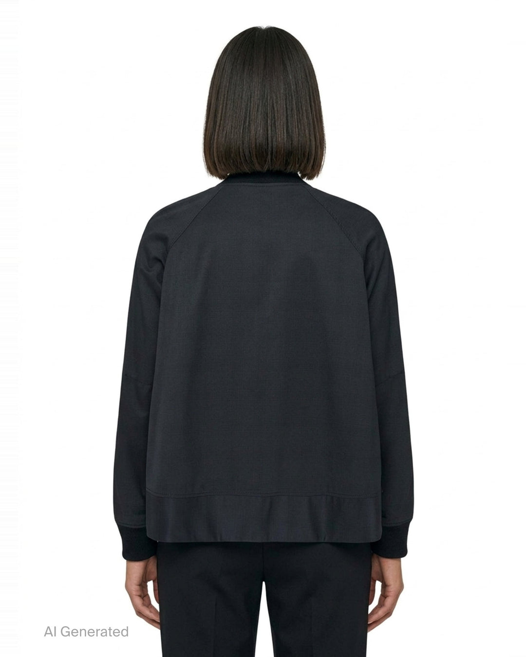 Comme des Garçons BLACK wool-blend bomber jacket in black with silver snap-button closure, ribbed collar, cuffs and hem, and two hip welt pockets - back