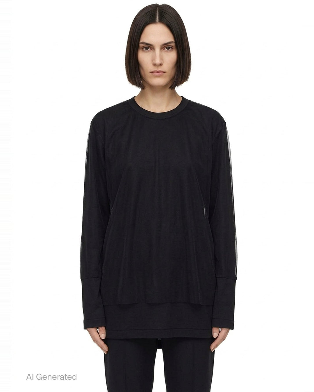 Comme des Garçons asymmetrical panelled oversize tee in black, featuring sheer chiffon flutter cape panels over an opaque jersey body, shown flat on white background - front
