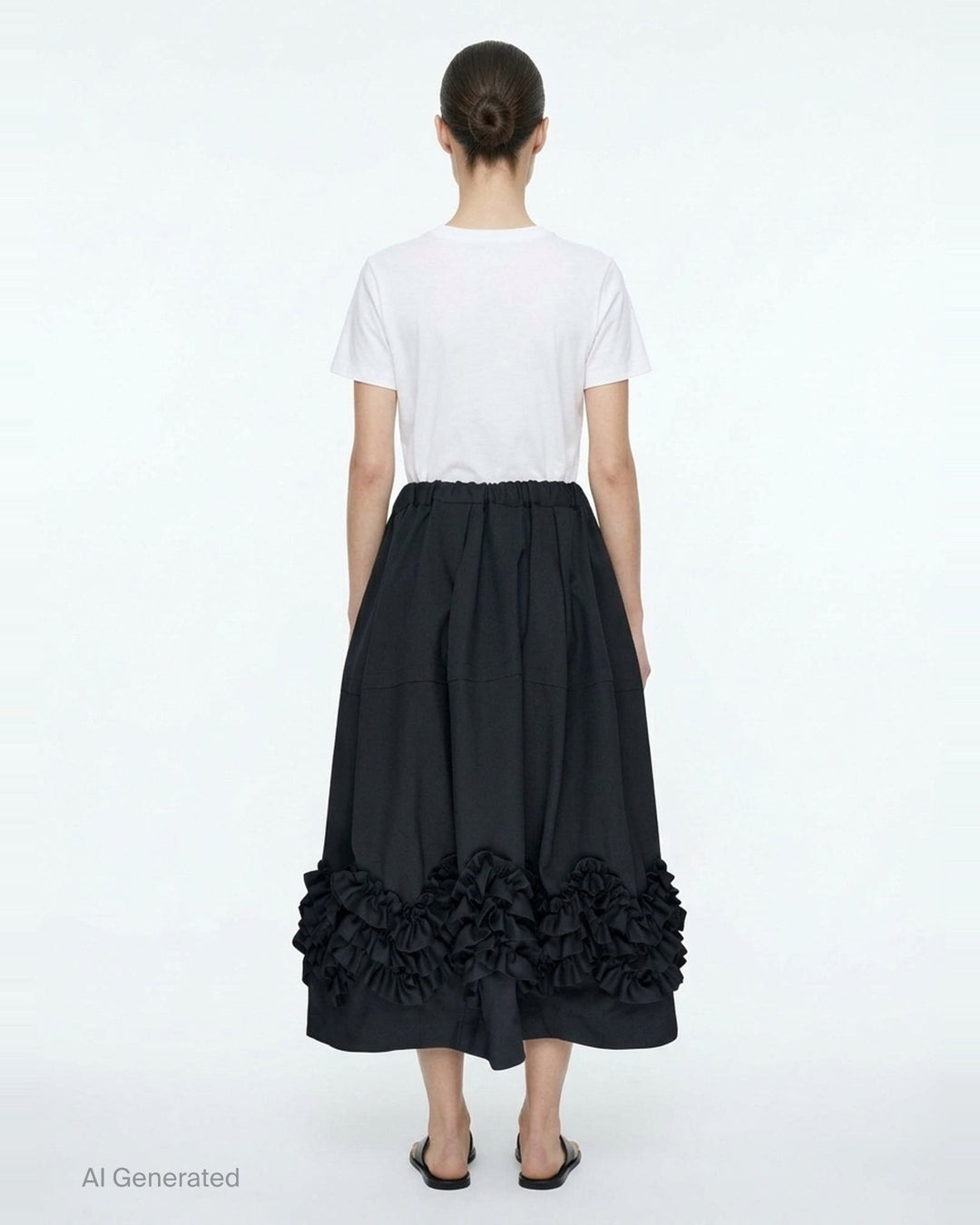 Comme des Garçons Comme des Garçons black balloon midi skirt with elasticated gathered waist, full pleated body, and dramatic multi-tiered ruffle hem trim - back