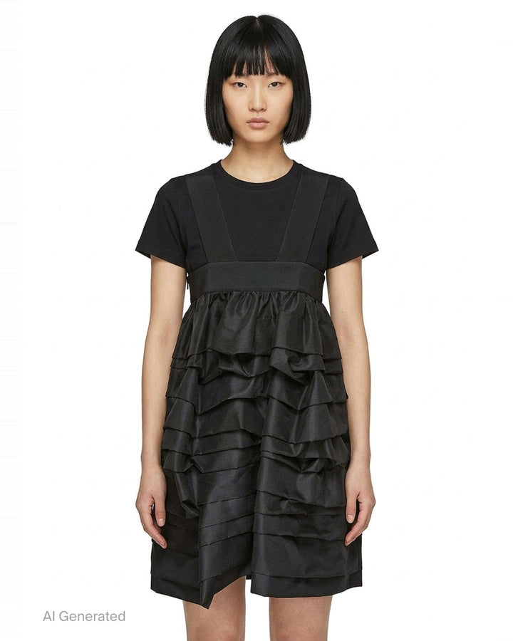 Comme des Garçons Comme des Garçons black crossover pinafore with cascading tiered ruffle skirt and structured waistband, shown from the back against a white background - front