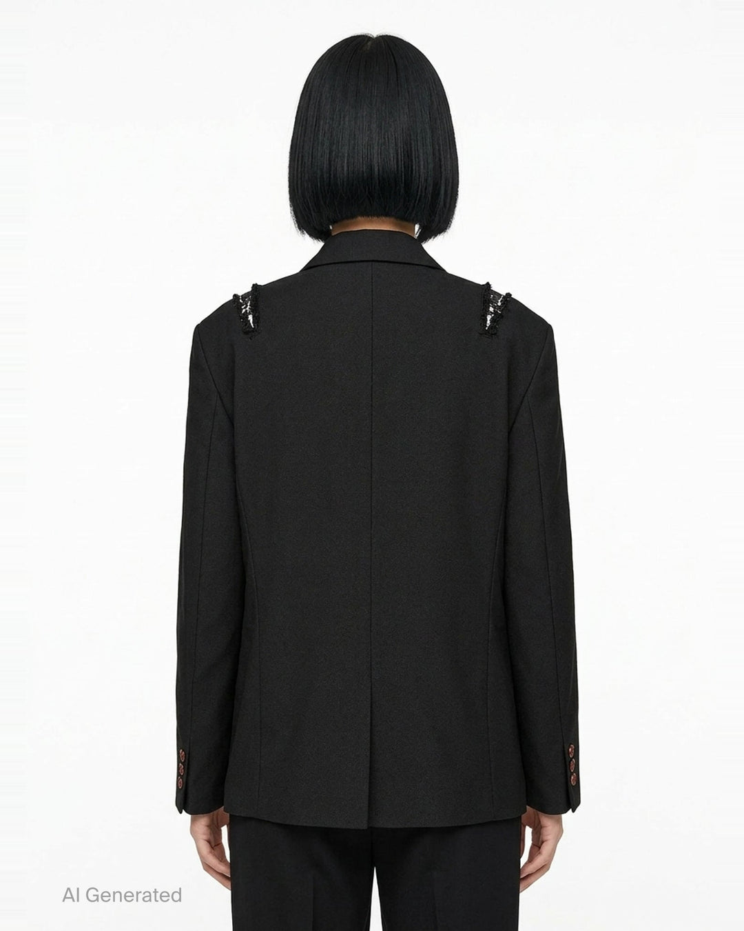 Comme des Garçons Comme des Garçons black deconstructed single-breasted blazer with cross-body harness buckle strap, frayed shoulder trim, and contrast brown buttons, shown on a flat lay against a white background - back