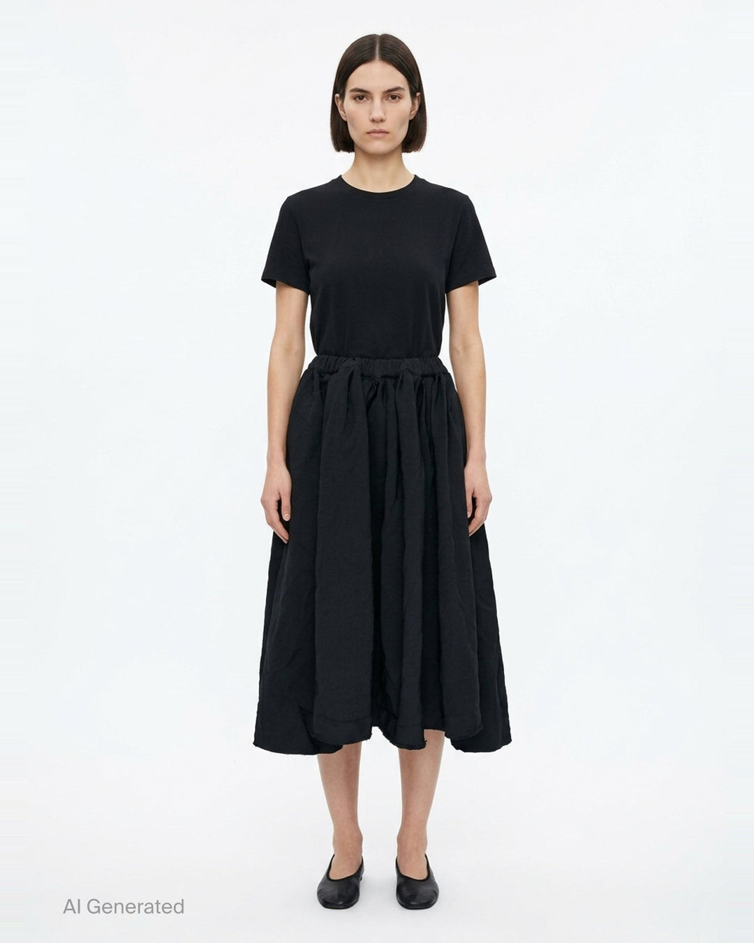 Comme des Garçons Comme des Garçons black garment-dyed polyester serge gathered midi skirt with elasticated waistband and raw-cut hem, shown flat on white background - front
