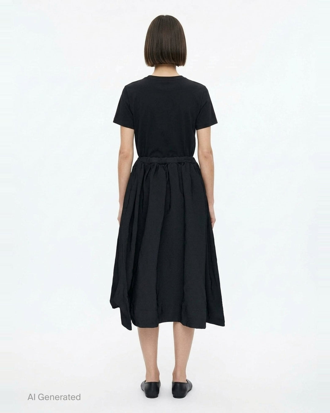 Comme des Garçons Comme des Garçons black garment-dyed polyester serge gathered midi skirt with elasticated waistband and raw-cut hem, shown flat on white background - back