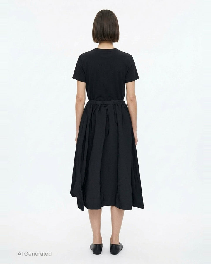 Comme des Garçons Comme des Garçons black garment-dyed polyester serge gathered midi skirt with elasticated waistband and raw-cut hem, shown flat on white background - back